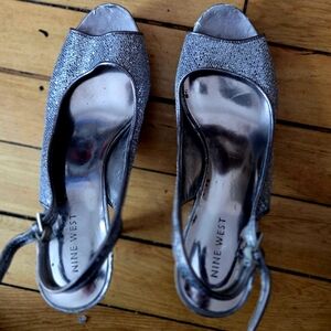 Nine West Silver Glitter Peep-Toe Slingback Heels